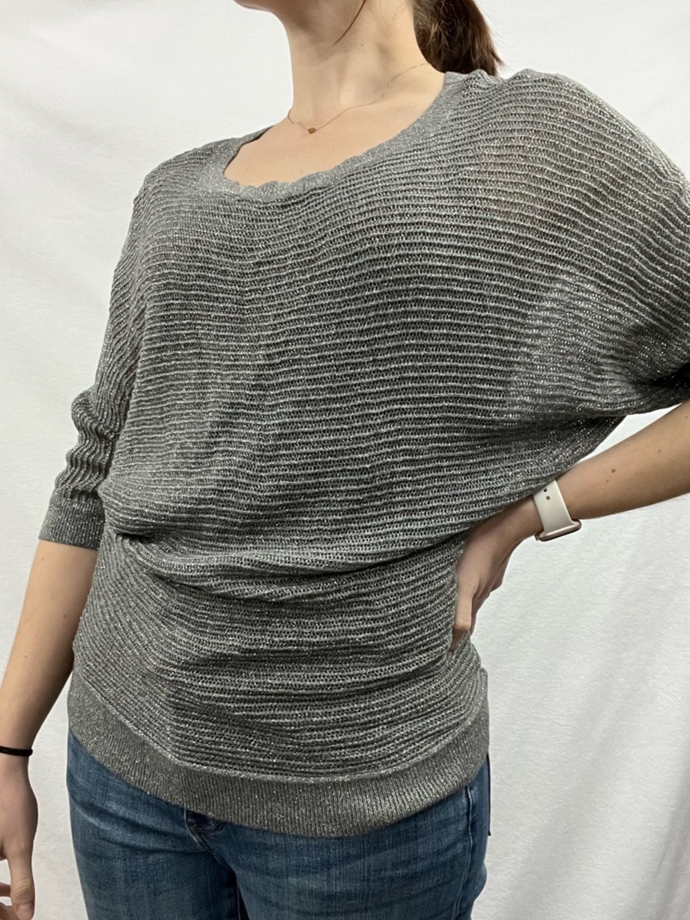 Express Metallic Gray Scoop Neck Ribbed Top - Picture 2 of 6